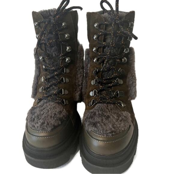 Voile Blanche Loden Faux Shearling Trim Lug Sole Leather Boots Khaki size 38 - Picture 2 of 10